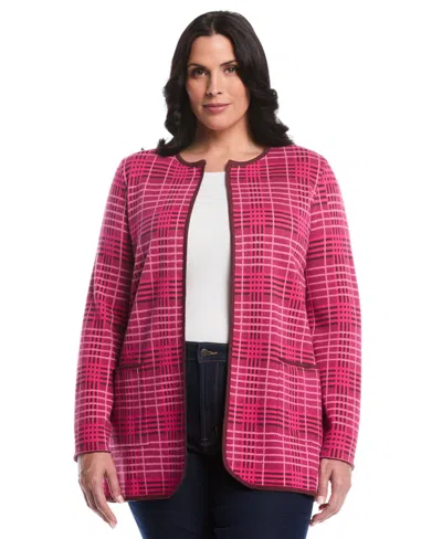 Rafaella Plus Size Crosshatch Patch Pocket Open Long Sleeve Cardigan Sweater In Pink