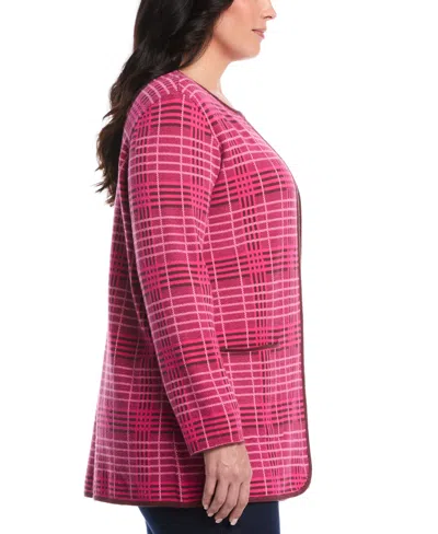 Rafaella Plus Size Crosshatch Patch Pocket Open Long Sleeve Cardigan Sweater In Pink