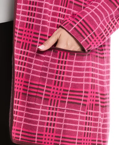 Rafaella Plus Size Crosshatch Patch Pocket Open Long Sleeve Cardigan Sweater In Pink