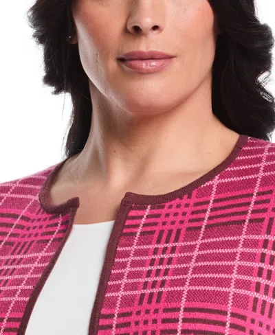 Rafaella Plus Size Crosshatch Patch Pocket Open Long Sleeve Cardigan Sweater In Pink