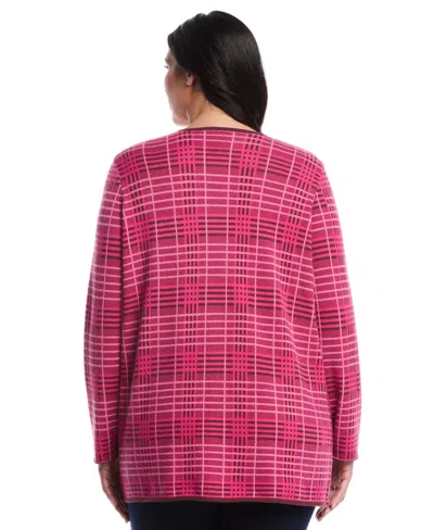 Rafaella Plus Size Crosshatch Patch Pocket Open Long Sleeve Cardigan Sweater In Pink