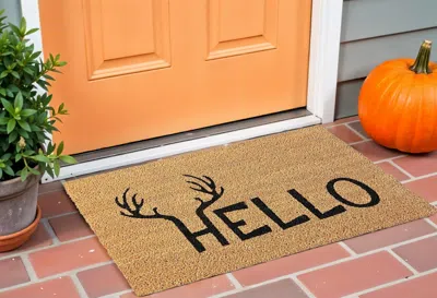 Hivvago 24" X 36" Natural And Black Hello With Antlers Outdoor Coir Door Mat In Brown