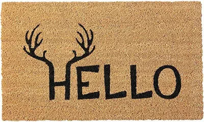 Hivvago 17" X 29" Natural And Black Hello With Antlers Coir Outdoor Door Mat In Brown
