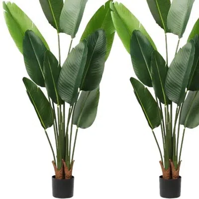 Hivvago Set Of Two 45" Green Banana Leaf Artificial Tree In A Black Pot In Green