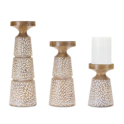 Hivvago Set Of Three Brown And White Distressed Floral Resin Tabletop Pillar Candle Holders In Multi