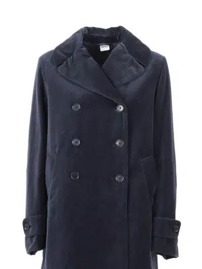 Aspesi Double-breasted Long Coat With Velvety Texture In Blue