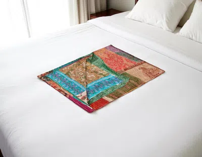 Hivvago 50" X 70" Tan And Beige Patchwork Silk Quilted Kantha Throw Blanket With Embroidery In Multi