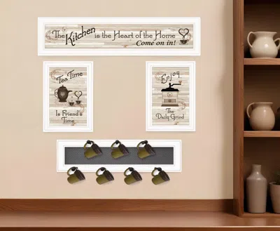 Hivvago Set Of Four Kitchen Collection Seven Peg Mug Rack White Framed Print Kitchen Wall Art In White