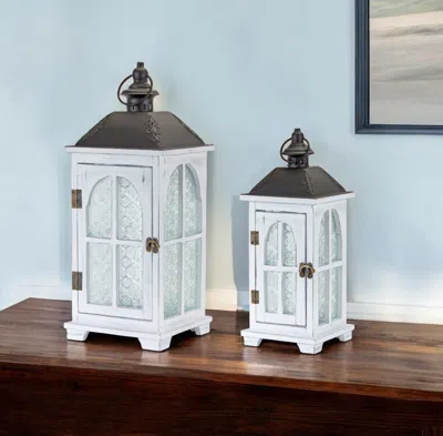 Hivvago Set Of Two White And Black Distressed Ornate Glass Wood And Metal Floor Lantern Candle Holders In White