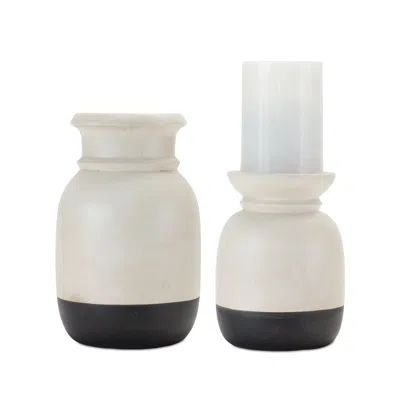 Hivvago Set Of Two Cream And Black Distressed Ceramic Tabletop Pillar Candle Holders In White