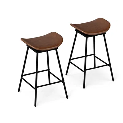 Hivvago Set Of 2 Swivel Barstools Faux Leather Upholstered Backless With Footrest-black In Brown