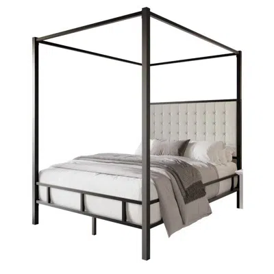 Hivvago King Size Black Metal Canopy Bed With Upholstered Button-tufted Headboard In Black