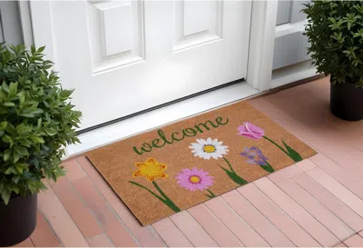 Hivvago 17" X 29" Natural Pink And Green Coir Floral Welcome Outdoor Door Mat In Brown
