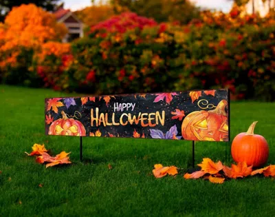 Hivvago 36" Black And Orange Happy Halloween Solid Wood Garden Stake In Multi