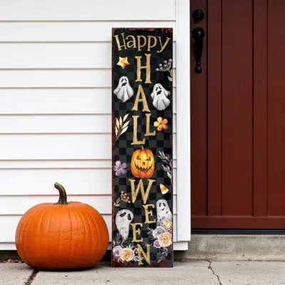 Hivvago 36" Black Gold Orange And Purple Solid Wood Happy Halloween Halloween Ghost Porch Sign In Black