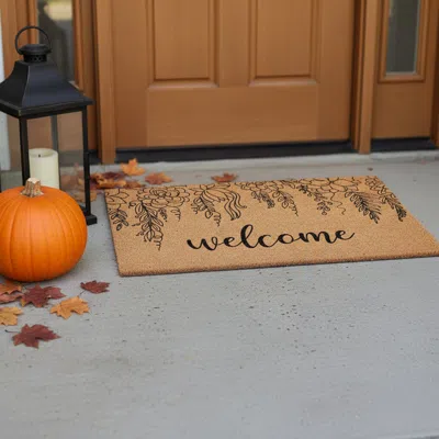 Hivvago 17" X 29" Brown And Natural Floral Welcome Outdoor Coir Door Mat In Brown