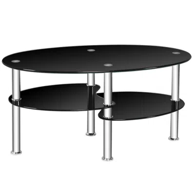 Hivvago Tempered Glass Oval Side Coffee Table-black In Black