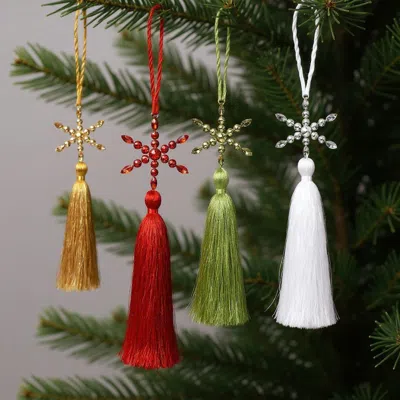 Hivvago Set Of Four Gold Green Red And White Handmade Snowflake With Tassel Ornaments In Multi