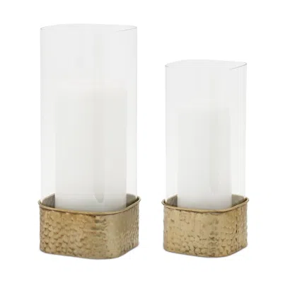 Hivvago Set Of Two Clear And Gold Hammered Glass And Metal Tabletop Hurricane Candle Holders In Brown