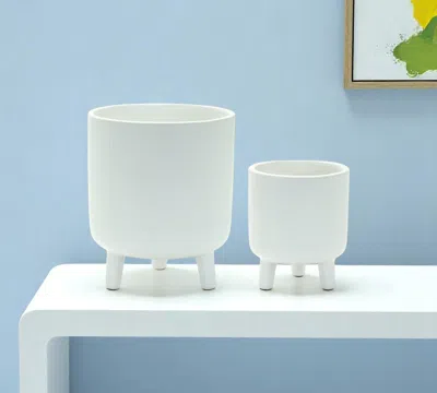 Hivvago Set Of Two White Ceramic Striped Footed Pot Planters In White