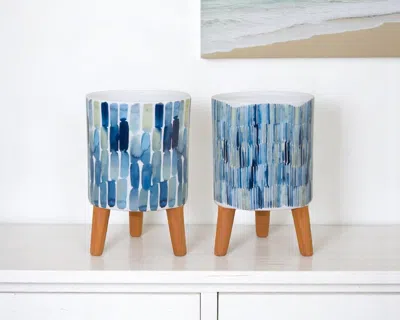 Hivvago Set Of Two Blue Terra Cotta And White Ceramic 2 Ounce Round Raised Pot Planters In Blue