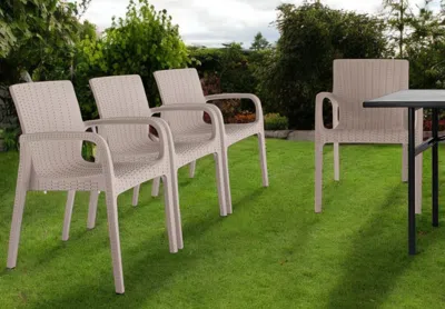 Hivvago Set Of Four 24" Taupe Faux Rattan Heavy Duty Plastic Outdoor Stacking Arm Chairs In Neutral