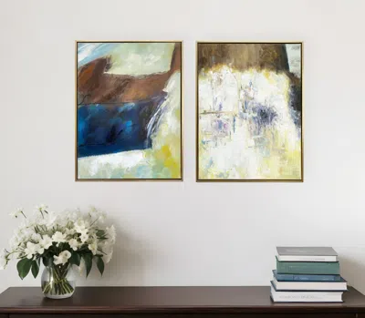 Hivvago Set Of Two Mod Abstract Blue And Ivory Gold Floater Frame Painting Wall Art In Multi