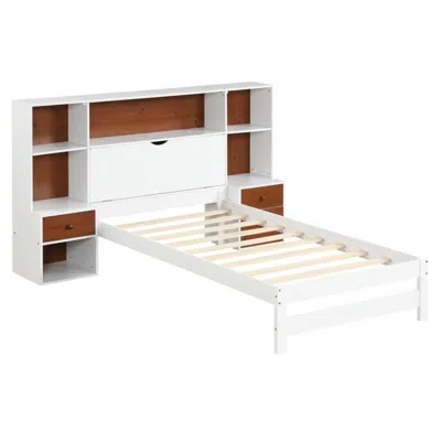 Hivvago Twin Bed Frame With White Walnut Bookcase Storage Headboard And 2 Nightstands In White