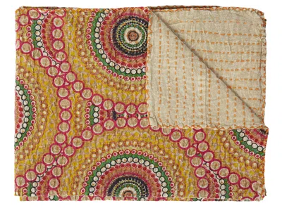 Hivvago 50" X 70" Brown And Beige Abstract Cotton Quilted Kantha Throw Blanket With Embroidery In Brown