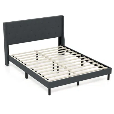 Hivvago Queen Size Upholstered Bed Frame With Button Tufted Wingback Headboard And Wooden Slats Support Matt In Black