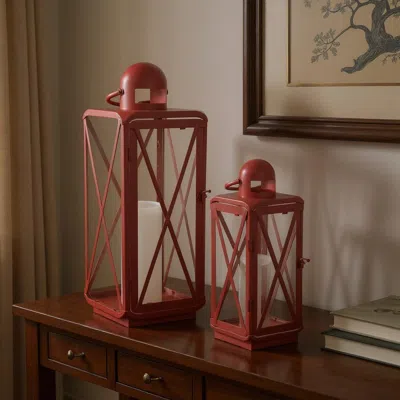 Hivvago Set Of Two Red Geometric Metal Centerpiece Lantern Candle Holders In Red