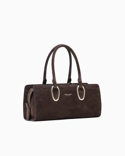 Giorgio Armani Rectangular Suede Shoulder Bag With Metal Hardware In Brown