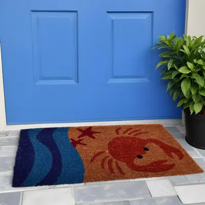 Hivvago 18" X 30" Blue And Red Coir Crab Outdoor Door Mat In Brown