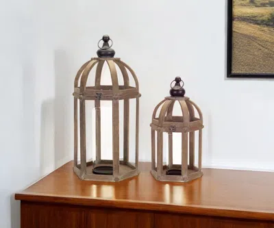 Hivvago Set Of Two Brown Distressed Wood And Glass Floor Lantern Candle Holders In Brown