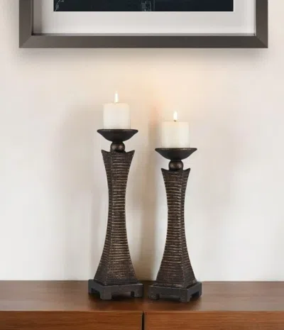 Hivvago Set Of Two Bronze Polyresin Woven Tabletop Pillar Candle Holders With Candle In Metallic