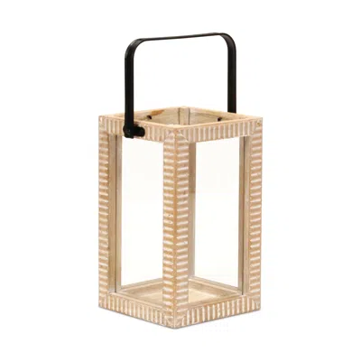 Hivvago 13" Natural Distressed Geometric Solid Wood Tabletop Lantern Candle Holder In Neutral