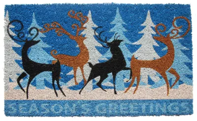 Hivvago 18" X 30" Blue Coir Deer Seasons Greetings Outdoor Holiday Door Mat In Blue