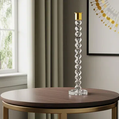 Hivvago 14" Clear And Gold Geo Stacks Crystal Tabletop Taper Candlestick In Transparent
