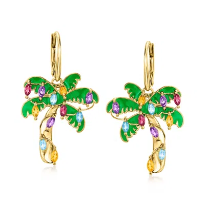 Ross-simons Multi-gemstone And Green Enamel Christmas Palm Tree Drop Earrings In 18kt Gold Over Sterling In Gold