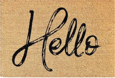Hivvago 24" X 36" Natural And Black Hello Distressed Outdoor Coir Door Mat In Brown
