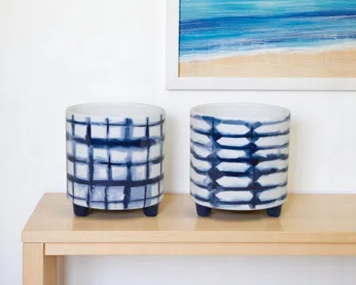 Hivvago Set Of Two Cobalt And White Ceramic 2 Ounce Round Footed Pot Planters In Blue