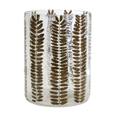 Hivvago 8" Clear And Green Botanical Leaf Glass Tabletop Pillar Candle Holder In Multi