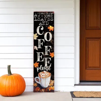 Hivvago 36" Black And White Autumn Leaves Solid Wood Porch Sign In Black
