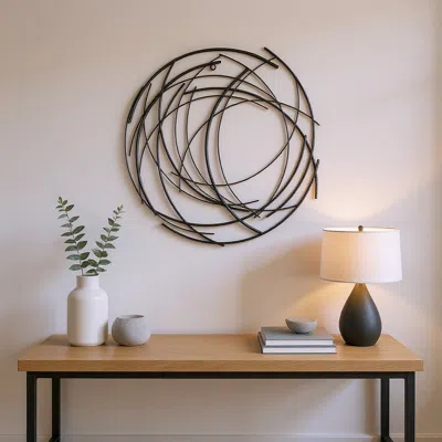 Hivvago 20" X 20" Black Abstract Metal Circle Hanging Dimensional Sculpture In Black