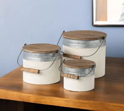 Hivvago Set Of Three Rustic White Metal Storage Cans In Neutral
