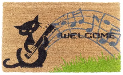 Hivvago 18" X 30" Brown And Black Coir Cat Welcome Outdoor Door Mat In Neutral