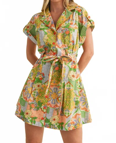 Merci Patchwork Button Down Mini Dress In Multi In Green