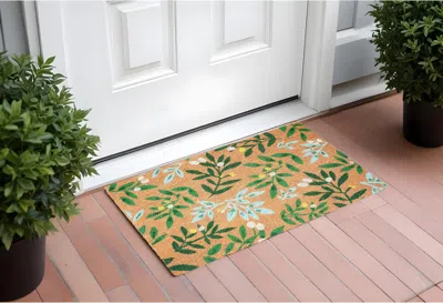 Hivvago 17" X 29" Natural And Green Coir Botanical Leaves Outdoor Door Mat In Brown