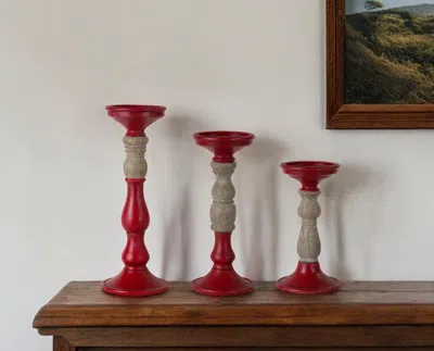 Hivvago Set Of Three Red And Natural Ornate Resin Tabletop Pillar Candle Holders In Multi