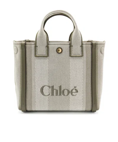 Chloé Carry Small Tote Bag In Dark Green Striped Canvas In Gray
